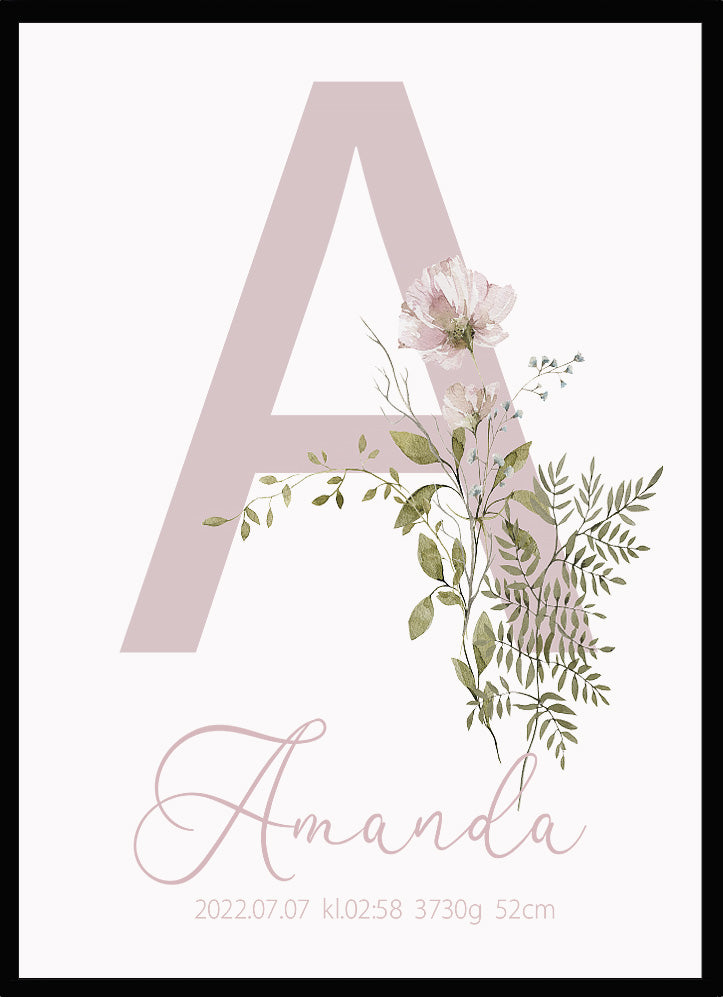 Namntavla Bokstav med blommor rosa