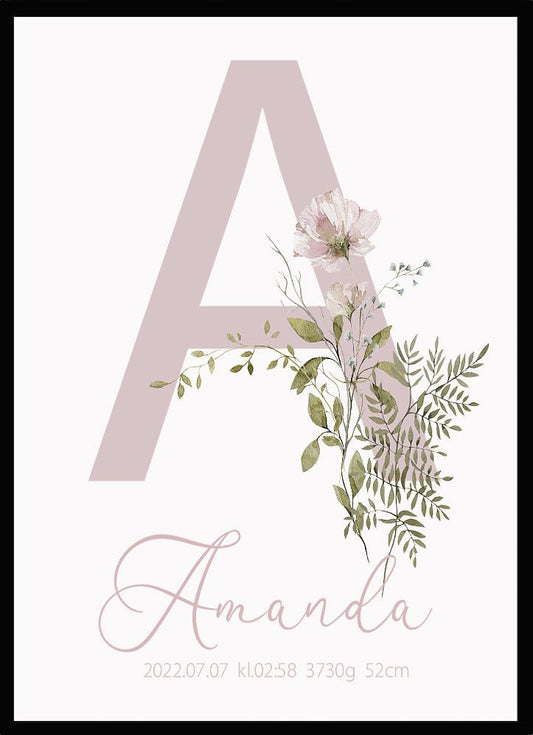 Namntavla Bokstav med blommor rosa - Dekortorget