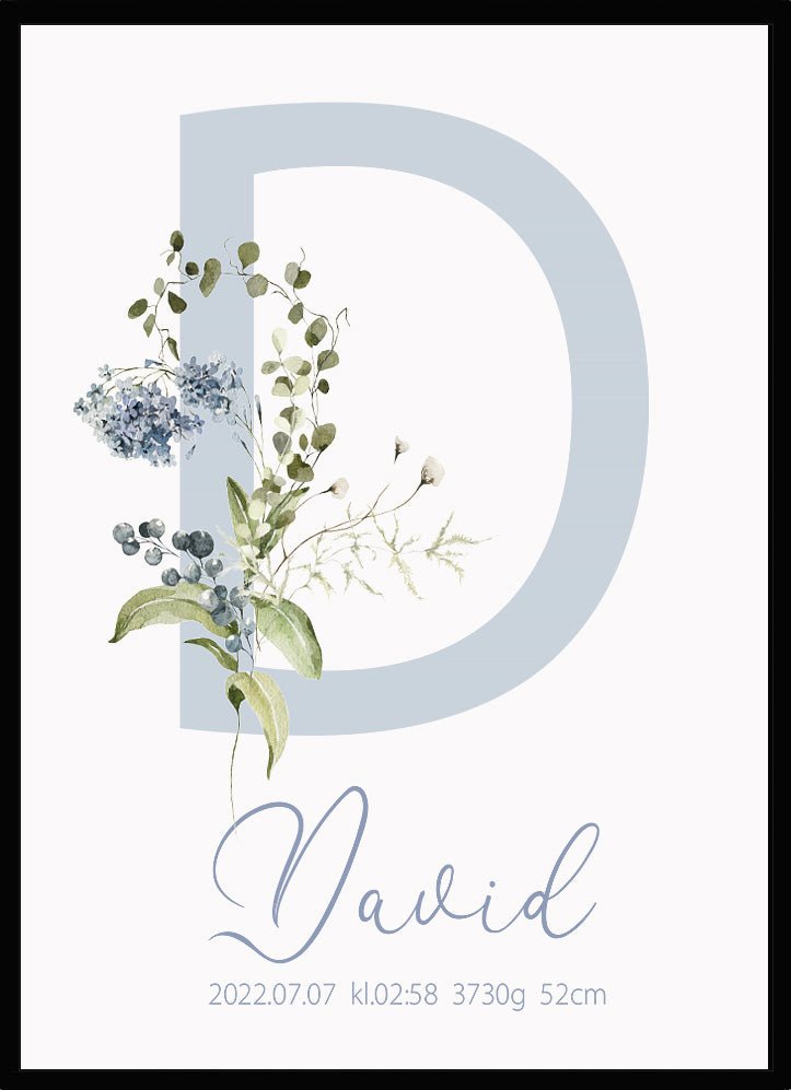 Namntavla Bokstav med blommor blå - Dekortorget