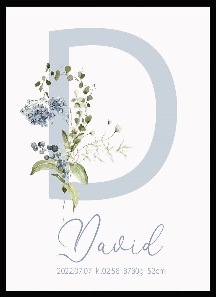 Namntavla Bokstav med blommor blå