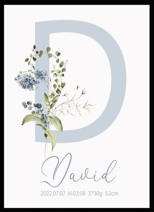 Namntavla Bokstav med blommor blå - Dekortorget