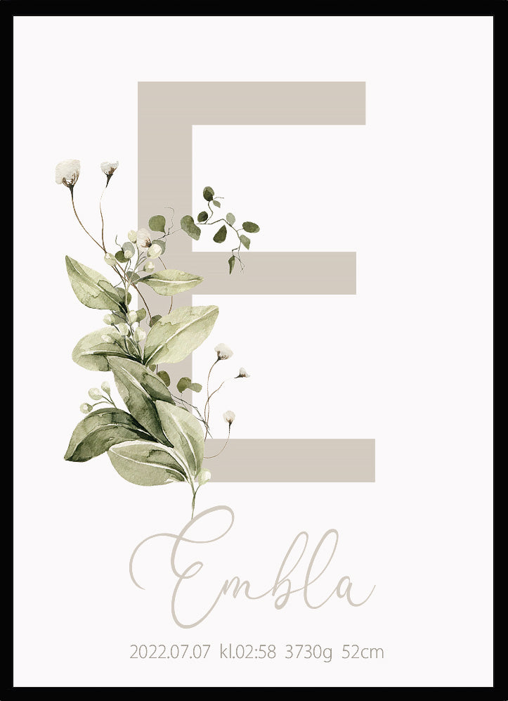 Namntavla Bokstav med blommor beige