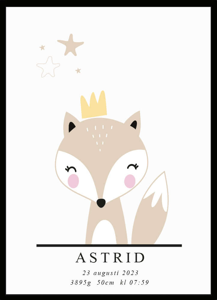 Personlig namntavla Little fox med namn och detaljer om födelsen, perfekt för barnrum.